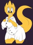 1girl alphys alphys_(undertale) anthro artist_request big_breasts black_background breasts claws cowboy_shot doctor female female_anthro female_only glasses lab_coat lizard long_tail looking_at_viewer reptile scalie solo solo_anthro solo_female tail undertale undertale_(series) video_games