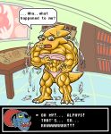 abs alphys alphys_(undertale) anthro anthro_only blue_skin claws doctor english female_only fish fish_girl glasses indoors lab_coat lizard lizard_girl monster monster_girl muscle muscle_growth muscular muscular_female reptile reptile_girl scalie solo_female solo_focus text torn_clothes torn_clothing undertale undertale_(series) undyne video_games yellow_body yellow_skin