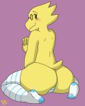 1girl alphys alphys_(undertale) anthro anthro_only artist_name ass backboob blush breasts claws dezz doctor female_anthro female_only glasses legwear lizard looking_back panties purple_background reptile scalie simple_background small_tail solid_color_background solo solo_anthro solo_female stockings striped_legwear striped_panties striped_stockings striped_swimsuit striped_thighhighs tail thighhighs topless topless_anthro topless_female undertale undertale_(series) video_games