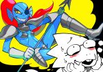 2_girls 2girls alphyne alphys alphys_(undertale) anthro anthro_only armor blue_body blue_skin blush claws duo fantasizing female_only fish fish_girl glasses holding_spear holding_weapon imagining lizard lizard_girl monster monster_girl partially_colored red_hair reptile reptile_girl scalie simple_background skimpy skimpy_armor spear undertale undertale_(series) undyne video_games weapon