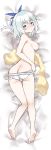 1girl absurdres ass barefoot blue_eyes blush breasts competition_swimsuit dakimakura feet hair_ribbon highres keijo looking_at_viewer looking_back lying miyata_sayaka multiple_views nipples on_back on_stomach one-piece_swimsuit ren_san ribbon short_hair silver_hair swimsuit swimsuit_pull towel white_swimsuit 