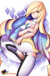  aether_foundation green_eyes hair_over_one_eye holding_poke_ball looking_at_viewer lusamine milf panties poke_ball pokeball pokemon pokemon_sm rainbowscreen 