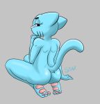 1girl 3_toes 4_fingers anthro ass blue_fur cartoon_network cat feet_pads feline fur furry grey_background half-closed_eyes hand_on_chin looking_at_viewer looking_back mammal mature_female milf nicole_watterson nude parent simple_background snax the_amazing_world_of_gumball thinking toes unimpressed whiskers