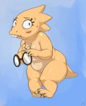 1_girl 1girl alphys alphys_(undertale) anthro anthro_only artist_signature atryl blue_background breasts claws female_only glasses lizard lizard_girl lizard_tail looking_at_viewer monster monster_girl non-mammal_breasts patreon_username reptile reptile_girl reptile_tail scalie simple_background solo solo_anthro solo_female tail undertale undertale_(series) video_games yellow_body yellow_skin yellow_tail