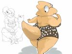 2d 2d_(artwork) alphys alphys_(undertale) annoying_dog_(undertale) anthro anthro_only breasts claws digital_media_(artwork) dog eye_patch eyepatch female_focus fish fish_girl glasses lizard lizard_girl monster monster_girl non-mammal_breasts polka_dot reptile reptile_girl scalie solo_focus undertale undertale_(series) undyne video_games white_background yellow_body yellow_skin