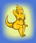  1girl alphys alphys_(undertale) anthro anthro_only breasts claws female_only glasses gradient_background lizard lizard_girl monster monster_girl nipples non-mammal_breasts non-mammal_nipples reptile reptile_girl scalie solo solo_anthro solo_female undertale undertale_(series) video_games yellow_body yellow_skin 
