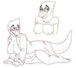 1girl alphys alphys_(undertale) anthro anthro_only breasts claws doctor exposed_breasts female female_anthro female_only glasses lab_coat lizard lizard_girl lizard_tail monster multiple_views nipples non-mammal_breasts non-mammal_nipples reptile reptile_girl reptile_tail scalie shirt_up solo solo_anthro solo_female tail undertaild undertale undertale_(series) video_games white_background