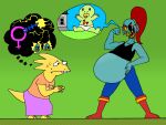 alphys alphys_(undertale) anthro anthro_only belly big_belly blue_body blue_skin claws female_only fish fish_girl flexing glasses implied_pregnancy lizard lizard_girl monster monster_girl red_hair reptile reptile_girl scalie sharp_teeth undertale undertale_(series) undyne video_games white_background yellow_body yellow_sclera yellow_skin yellow_teeth