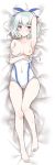  1girl absurdres ass barefoot blue_eyes blush breasts competition_swimsuit dakimakura feet hair_ribbon highres keijo looking_at_viewer looking_back lying miyata_sayaka multiple_views nipples on_back on_stomach one-piece_swimsuit ren_san ribbon short_hair silver_hair swimsuit swimsuit_pull towel white_swimsuit 