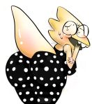 1girl alphys alphys_(undertale) anthro anthro_only ass breasts butt claws dress female_only glasses lizard lizard_girl monster monster_girl non-mammal_breasts official_alternate_costume polka_dot polka_dot_dress reptile reptile_girl scalie solo solo_anthro solo_female tail undertale undertale_(series) video_games white_background yellow_body yellow_skin