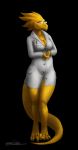 1girl alphys alphys_(undertale) anthro anthro_only black_background breasts claws cleavage doctor female_only glasses lab_coat lizard lizard_girl monster monster_girl non-mammal_breasts reptile reptile_girl scalie solo solo_anthro solo_female tail undertale undertale_(series) video_games yellow_body yellow_skin