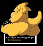 1girl alphys alphys_(undertale) anthro anthro_only black_background breasts chubby chubby_female english_text female_only glasses lizard lizard_girl monster monster_girl non-mammal_breasts overweight overweight_female reptile reptile_girl scalie sitting solo solo_anthro solo_female text undertale undertale_(series) video_games yellow_body yellow_skin