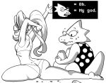  2girls alphyne alphys alphys_(undertale) anthro anthro_only black_and_white claws duo english_text female female/female female_anthro female_only fish fish_girl glasses lizard lizard_girl marine monster monster_girl reptile reptile_girl sand_castle sandcastle scalie swimsuit text undertale undertale_(series) undyne video_games 
