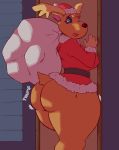 1girl animal_crossing anthro antlers ass big_ass big_breasts big_thighs black_eyes black_nose bottomless breasts brown_fur cervine christmas clothed clothing cosplay crossgender doorway eyelashes fur furry holidays horn huge_ass jingle_(animal_crossing) mammal nintendo nipple_bulge open_mouth reindeer sack santa_costume signirsol sound_effects stuck thick_thighs video_games