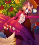 1girl 2016 anal anal_masturbation anal_penetration anthro armpits ass blonde_hair candy candy_cane christmas christmas_tree clothing erection food fur furry gift girly hair holidays legwear looking_at_viewer male masturbation nipples nude penetration penis short_hair testicles tongue tree white_fur