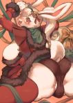  1girl 2016 anthro ass bell big_breasts blush breasts christmas clothing coat fur furry gloves hair headband holidays hood kemono lagomorph legwear looking_at_viewer looking_back mammal open_mouth panties ponytail rabbit red_eyes ribbons ricosye sideboob simple_background smile stockings tears teeth thick_thighs tongue underwear white_hair 