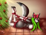  1_female 1girl anthro anthro_canine ass bdsm bondage bound breasts canine christmas female female_anthro female_only fluffy_tail gift green_eyes green_hair hair holidays indoors long_hair looking_at_viewer lying mammal mostly_nude nebriwolf neonyx rope rope_bondage sideboob solo submissive wolf 