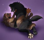  1girl 4_toes ambiguous_penetration anthro black_fur blue_eyes blush breasts brown_fur canine claws ear_piercing eye_contact fur furry happy high_res hindpaw kinaeris leg_wrap love lying male male/female mammal markings missionary_position on_back panting pawpads paws penetration piercing purple_background rooc sex shadow_wolf simple_background smile socks_(marking) testicles toe_claws toe_curl toes tongue tongue_out were werewolf wolf yellow_eyes 