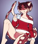  1girl 2016 anthro beverage blue_background brown_hair bulge christmas clothed clothing cup english_text fish girly hair holidays long_hair looking_at_viewer male marine porin raised_leg ribbons shark signature simple_background smile snowman sweater teeth text underwear yellow_eyes 
