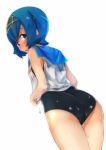 1girl ass blue_eyes blue_hair blush creatures_(company) from_behind game_freak hairband humans_of_pokemon lana_(pokemon) looking_at_viewer looking_back nintendo one-piece_swimsuit pokemon pokemon_(anime) pokemon_(game) pokemon_sm pokemon_sun_&amp;_moon sailor_collar shirt short_hair sleeveless sleeveless_shirt solo souzando suiren_(pokemon) swimsuit swimsuit_under_clothes trial_captain wet wet_clothes wet_shirt wet_swimsuit white_background
