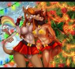  1girl 2016 anthro areola armpits bell_collar belt big_breasts breasts brown_fur brown_hair canine chest_tuft christmas christmas_decorations christmas_tree closed_eyes clothed clothing collar duo female/female ferrit fingerless_gloves fur furry gloves hair holidays horn inner_ear_fluff kissing licking lights long_hair mammal mistletoe multicolored_fur navel nipples omesore one_eye_closed partially_clothed pasties pink_nipples pink_nose plant portrait pussy rainbow_fur scarf skirt snow snowman star tail_tuft three-quarter_portrait tongue tongue_out tree tuft white_horn wink wolf 