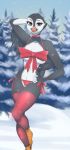  1girl 1girl anthro areola armpits avian beak bird bow_tie breasts clothing feathers furry looking_at_viewer miiyori outside panties puffin ribbons snow underwear 