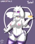 1girl 1girl 2016 anthro areola big_breasts boss_monster breasts caprine chest_tuft clothed clothing collar digital_media_(artwork) english_text eyelashes eyewear food fur furry glasses goat hair high_res horn legwear long_ears looking_at_viewer mammal milkteafox nipples purple_eyes simple_background standing text toriel tuft undertale underwear video_games white_fur 