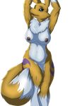  1girl 2016 anthro anthro_canine anthro_fox anthro_only arms_above_head big_breasts breasts chest_tuft digimon domino_(artist) fangs female female_anthro female_only fur furry looking_at_viewer markings navel nipples nude open_mouth pussy renamon solo standing teeth tuft white_fur yellow_fur yin_yang 