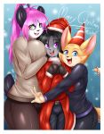  1girl 2016 anthro bear black_hair blue_eyes border candy candy_cane canine christmas clothed clothing english_text fangs food fox fully_clothed fur furry green_eyes group hair hat holidays long_hair looking_at_viewer male mammal mleonheart olivia_(mleonheart) open_mouth panda party_hat ponytail purple_eyes purple_hair santa_hat shaze text tongue white_border 