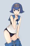 1girl :o absurdres bangs bare_arms bare_shoulders black_swimsuit blue_eyes blue_hair blue_pants blush bright_pupils contrapposto creatures_(company) crop_top game_freak grey_background hair_between_eyes hairband highres humans_of_pokemon koretsuki_aduma lana_(pokemon) looking_at_viewer nintendo one-piece_swimsuit open_mouth pants pants_pull pokemon pokemon_(anime) pokemon_(game) pokemon_sm pokemon_sun_&amp;_moon sailor_collar shirt shoes short_hair simple_background sleeveless sleeveless_shirt solo suiren_(pokemon) swimsuit swimsuit_under_clothes trial_captain undressing