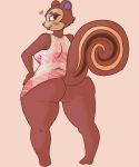  1girl animal_crossing anthro ass big_ass big_breasts blush bottomless breasts clothed clothing eyeshadow furry hand_on_hip heart lipstick looking_at_viewer looking_back makeup mammal nintendo pecan_(animal_crossing) purple_lips rear_view rodent shirt signirsol simple_background smile squirrel standing thick_thighs video_games wide_hips 