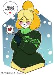  1girl 2016 animal_crossing anthro arnachy black_nose blonde_hair blush bottomless canine cellphone closed_eyes clothed clothing dialogue dog english_text furry hair heart holding_object holding_phone isabelle_(animal_crossing) mammal nintendo phone pussy shih_tzu smile sweater text video_games 