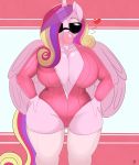  1girl anthro big_breasts breasts bubble_gum cbatie11 cleavage clothed clothing equine eyewear friendship_is_magic furry horn mammal mature_female my_little_pony princess_cadance sunglasses thick_thighs wide_hips winged_unicorn wings 