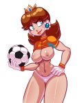  1girl areola big_breasts blue_eyes breasts breasts_out brown_hair clothed clothing crown ear_piercing earrings exposed exposed_breasts flower_earrings football front_view hand_on_hip light-skinned_female light_skin looking_to_the_side mario_(series) medium_hair navel nevarky nintendo nipples no_bra panties piercing portrait princess_daisy royalty sexy sexy_body shirt shirt_up shoulder_length_hair smile soccer_ball standing super_mario_bros. thick_thighs thighs three-quarter_portrait transparent_background underwear 