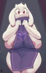  &lt;3 1girl 1girl 2018 anthro apron big_breasts breasts caprine clothing delta_rune eyelashes fur furry goat horn huge_breasts long_ears looking_at_viewer mammal nervous nipple_slip nipples peculiart red_eyes simple_background standing thick_thighs toriel tuft undertale underwear video_games white_fur 