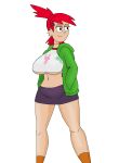  1girl big_breasts breasts ear_piercing foster&#039;s_home_for_imaginary_friends frankie_foster hands_in_pockets hoodie legs long_legs looking_away midriff miniskirt necklace red_hair skirt smilesaidboredgirl solo underboob 