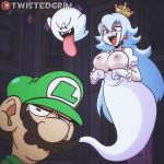  1:1_aspect_ratio big_breasts blush boo booette bouncing_breasts breasts covering_face crown facial_hair flashing full-face_blush ghost gif gif hair_between_eyes large_filesize long_hair looking_at_viewer luigi luigi&#039;s_mansion mario_(series) mustache red_eyes super_crown super_mario_bros. tongue tongue_out twistedgrim 
