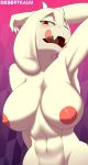 1girl 2018 2d 2d_(artwork) abs absurd_res anthro anthro_only artist_name big_breasts blush boss_monster breasts caprine deltarune desertkaiju digital_media_(artwork) fur furry goat high_res horn licking licking_lips looking_at_viewer mammal mature_female nipples nude open_mouth red_eyes smile tongue tongue_out toriel undertale undertale_(series) video_game_character video_games white_body white_fur