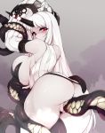 1girl ass breasts female horn huge_breasts humanoid kantai_collection long_hair long_white_hair looking_at_viewer no_bra no_panties partially_clothed pussy red_eyes restrained seaport_hime sex sideboob slugbox sucking_on_breast tentacle tentacle_around_leg tentacle_sex vaginal vaginal_penetration vaginal_sex white_hair
