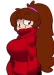  1girl aged_up big_breasts bigdad breasts brown_hair earrings gravity_falls happy large_breasts long_hair looking_at_viewer mabel_pines ponytail sweater 