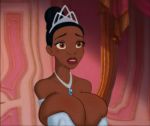  1girl big_breasts black_hair blush breasts brown_eyes cleavage crown dark_skin disney edit female female_only lipstick necklace princess_tiana solo takeo92 teeth the_princess_and_the_frog tiara tied_hair 