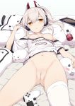  1girl :o 
 areola asymmetrical_hair asymmetrical_legwear ayanami_(azur_lane) azur_lane bangs bare_shoulders bed_sheet black_underwear blonde blush blush_stickers bottle bottomless breast_slip breasts breasts_out_of_clothes controller cowboy_shot dakimakura_(object) dualshock eyebrows_visible_through_hair female_only female_solo game_controller gamepad gochou_(atemonai_heya) groin hagirussia_(sanyanyanya) hair_between_eyes hair_ornament half-closed_eyes hand_up head_tilt headgear headphones high_resolution innie long_hair looking_at_viewer lying navel nico_nico_douga nipples nopan nude_filter off-shoulder_shirt off_shoulder on_back open_mouth orange_eyes paipan parted_lips pillow platinum_blonde playstation_controller ponytail pussy shiny shiny_hair shirt short_sleeves side_ponytail silver_hair simple_background single_thighhigh small_breasts stockings stomach stuffed_toy tablet terebi-chan text_on_clothes thighs third-party_edit tied_hair uncensored white_background white_legwear white_shirt 