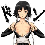  1girl armpits bangs bare_shoulders black_eyes black_hair bleach blunt_bangs blush breasts collarbone detached_sleeves expressionless female flat_chest gloves looking_at_viewer mosha nipples no_bra open_clothes open_shirt petite puffy_nipples shirt short_hair simple_background small_breasts soifon solo sui-feng twintails white_background 