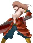  1girl breasts brown_eyes brown_hair capcom huge_weapon long_hair monster_hunter rathalos solo tansuke topless torn_clothes weapon 