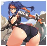  1girl :o angry aqua_eyes armor armpits ass bangs bent_over black_gloves blue_hair boyshorts braid breasts capcom chain chains cliff cloud fighting_stance forehead_protector foreshortening from_behind gloves headband hijiri holding huge_ass kuroobi kuroobi_(armor) long_hair looking_at_viewer looking_back monster_hunter no_bra open_mouth outdoors outside ponytail porori shield shorts sideboob sky solo spikes strap striped sword thighhighs twin_braids weapon 