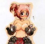 armor black_gravios_(armor) blush capcom covering_breasts covering_nipples lowres monster_hunter pink_hair sweat tears topless