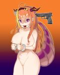 1girl ball_gag breasts cleft_of_venus crying crying_with_eyes_open cuffs dragon_girl dragon_horns dragon_tail gag gun handcuffs high_resolution hololive horns kiryuu_coco monster_girl navel nipples nude orange_hair pussy red_eyes restraints tail tears virtual_youtuber weapon