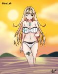 1girl 2021 alluring arms_behind_back bikini blurry blurry_background breasts female_focus high_res izai_ah long_hair mythra mythra_(xenoblade) nintendo smile standing sunset swimsuit thigh_gap voluptuous water xenoblade_(series) xenoblade_chronicles_2
