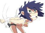  1boy 1girl areolae eyebrows faceless_male from_behind gorillaz green_eyes holding_arms nipples noodle_(gorillaz) pale_skin purple_hair shirt_up short_hair skirt_down small_breasts white_background 
