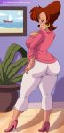  1girl ankles anthro ass back big_ass black_eyes breasts brown_hair bubble_butt calves clothed clothing disney female female_only fingers g-blue16 goof_troop hands heels huge_breasts large_breasts legs looking_at_viewer looking_back milf neck peg_pete picture_frame red_hair scaitblue sleeves_rolled_up solo solo_female solo_focus teasing 
